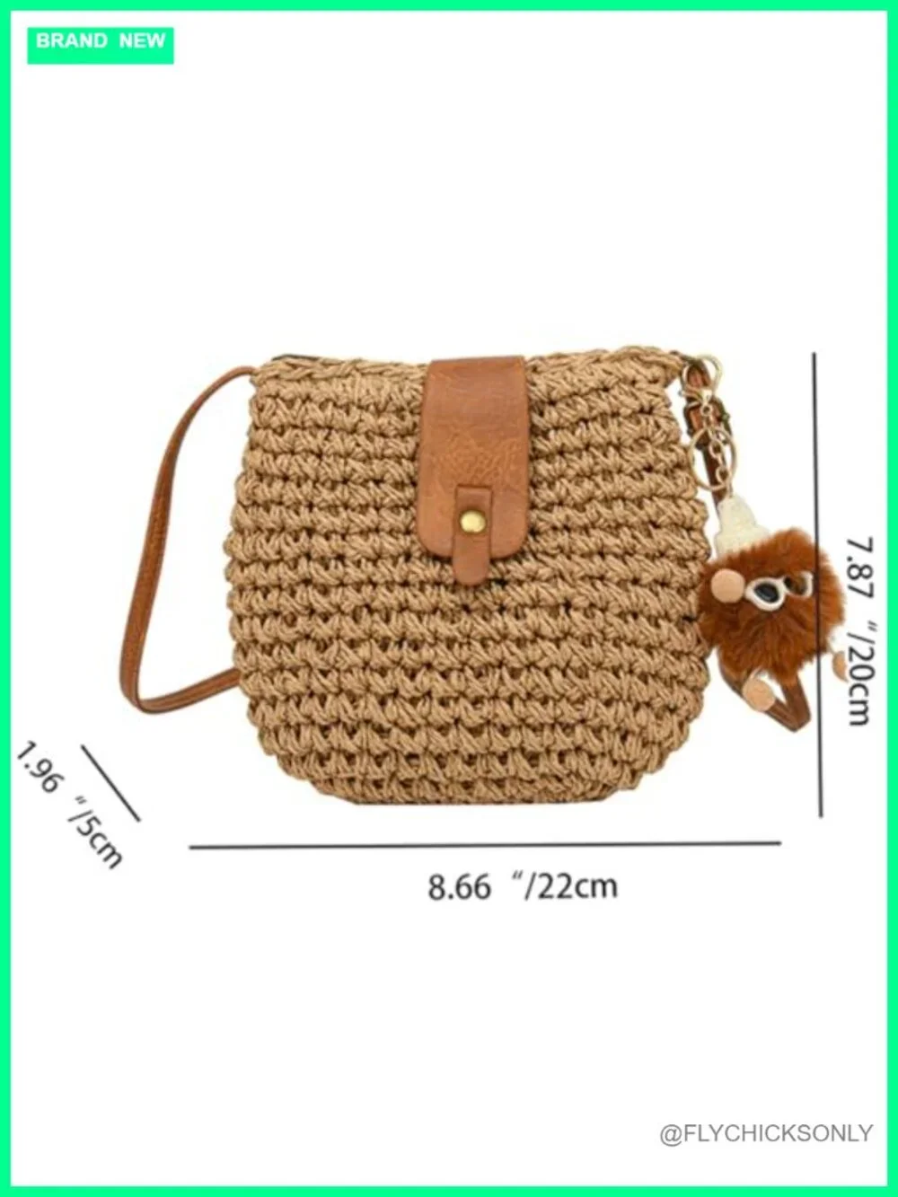 Handwoven Straw Crossbody Bag with Adjustable Strap and Pom-Pom Charm